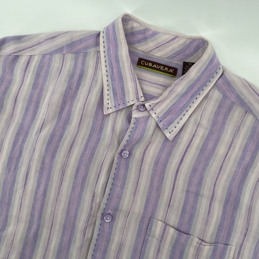 Cubavera Button Up Shirt Mens XL Purple Striped 100% Linen Short Sleeve Summer